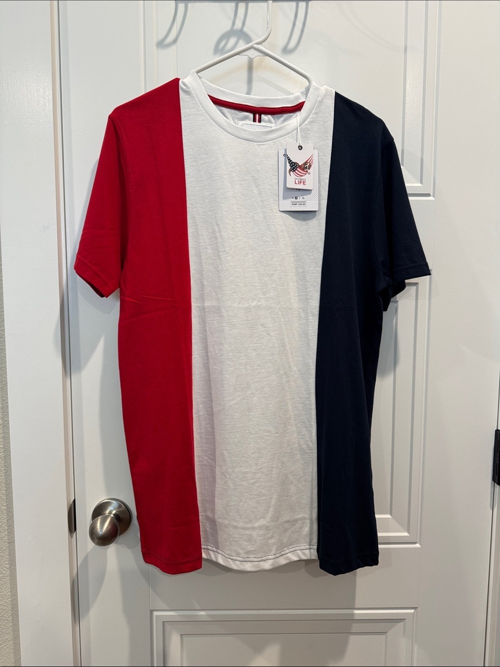 Denim & Flower White Tee with Red & Navy Stripe Detail
